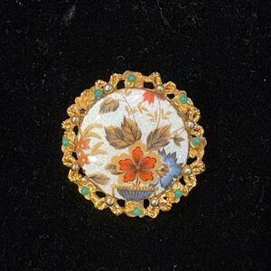 Vintage LJM Floral Brooch with Gold and Green Accents
